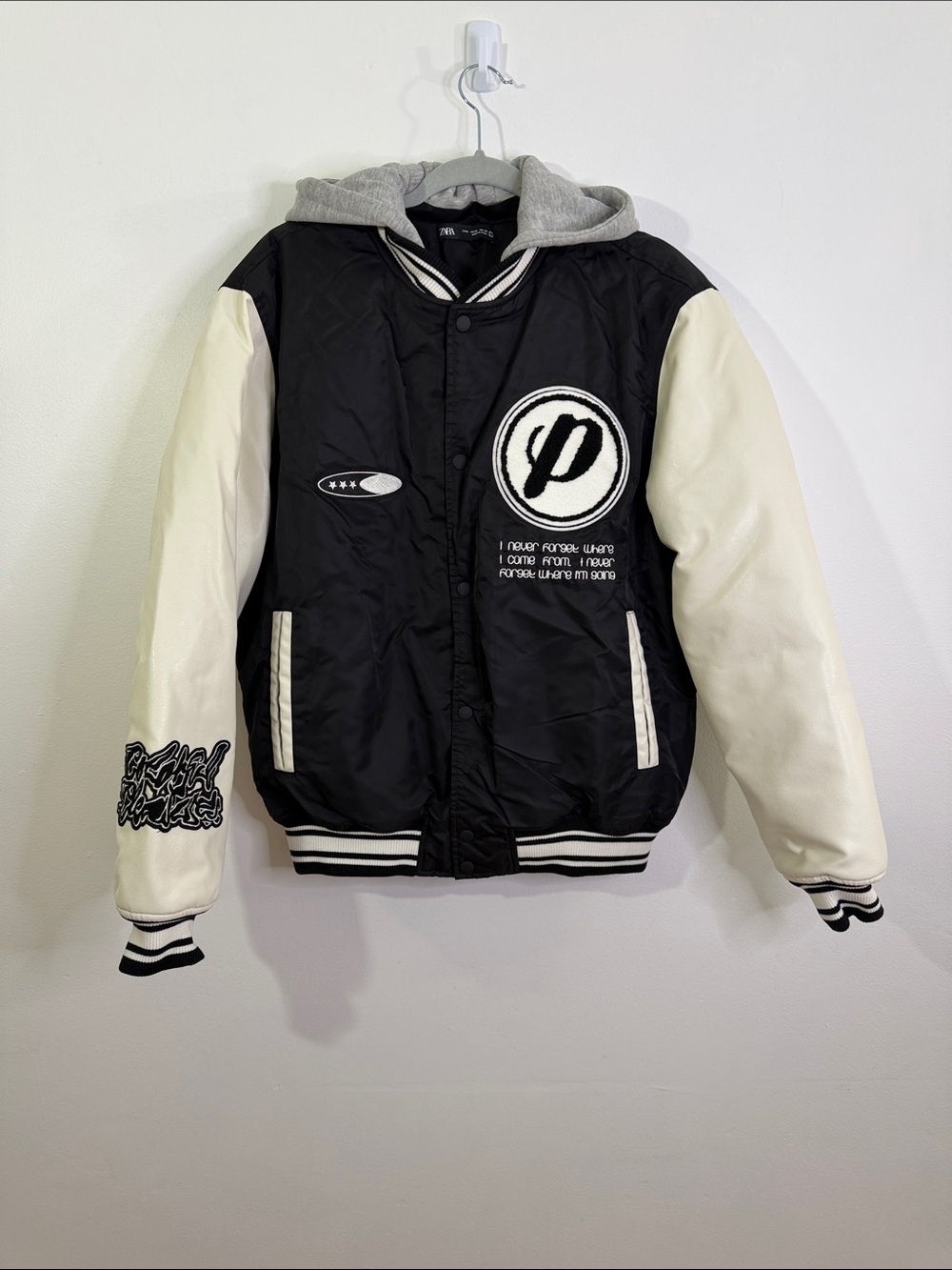 Zara Hooded Varsity Bomber Jacket